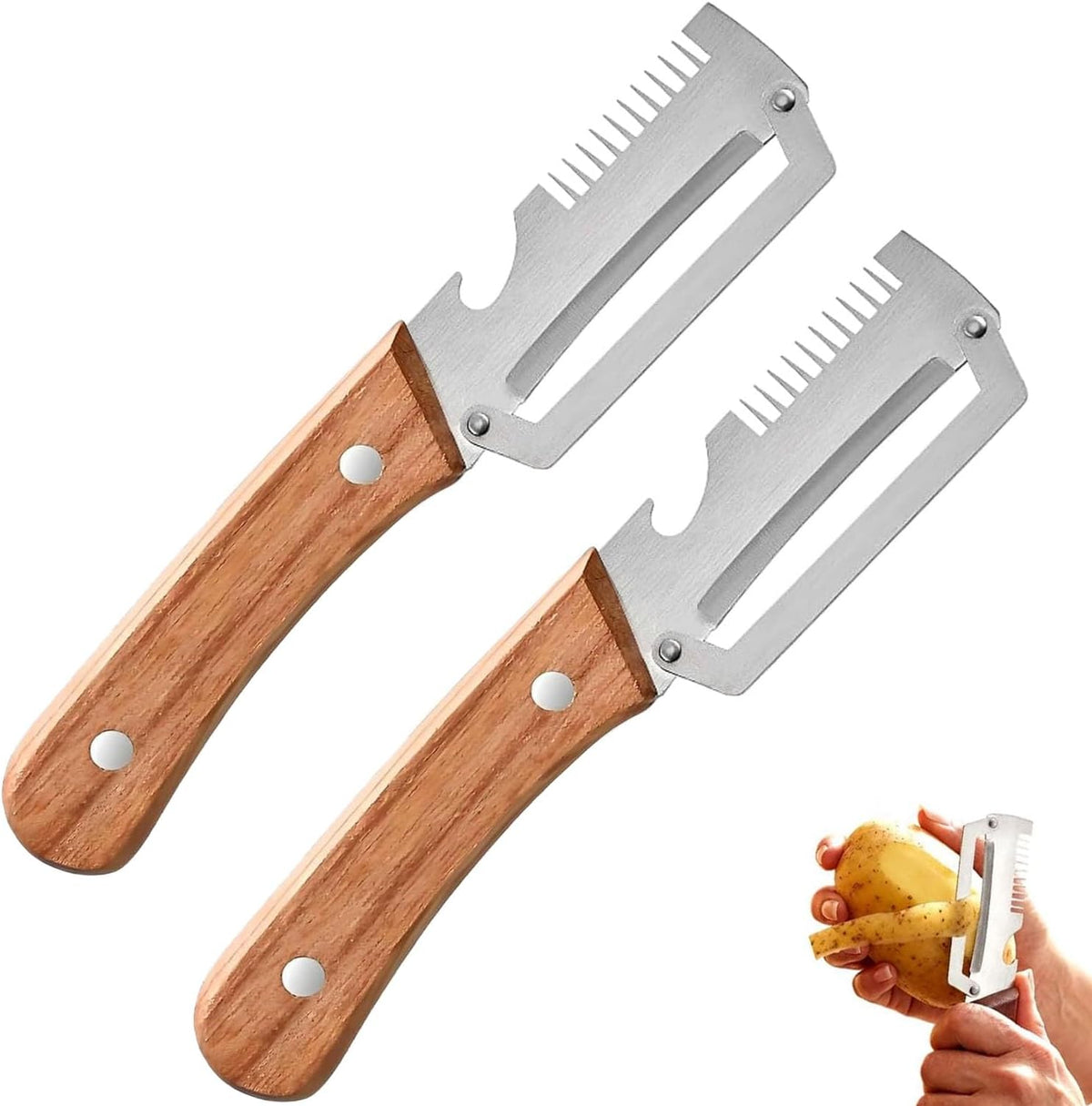 Multi-Functional Vegetable Peeler, 3 in 1 Multi Functional Wooden Handle Peeler For Kitchen || مقشرة خضروات متعددة الوظائف (3 في 1) بمقبض خشبي للمطبخ