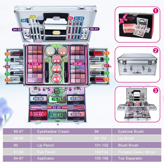 All-in-One Make-up Box Set Multi-purpose Cosmetic Storage Beauty Case Professional Contain Eyeshadow Concealer Lip gloss Blusher Compact Powder Eyebrow and Makeup Pencil Brush #1